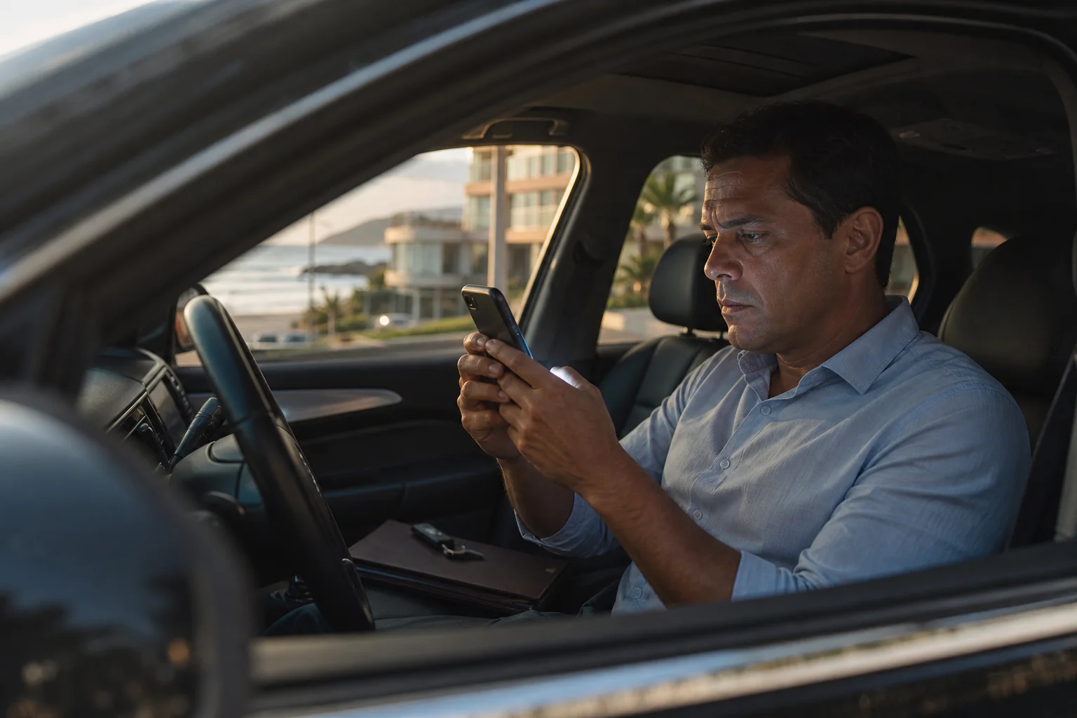 Corretor de imóveis sentado sozinho no carro em frente a um empreendimento de alto padrão em Florianópolis, olhando tenso para o celular esperando resposta de um cliente