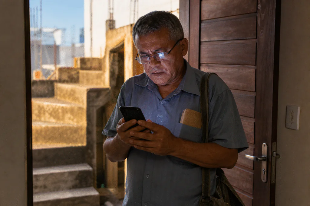 Professor de 58 anos parado na porta de casa, com a bolsa de trabalho ainda no ombro, olhando confuso para a tela do celular enquanto um envelope pardo amassado desponta no bolso da camisa, com a escada externa inacabada da casa visível ao fundo