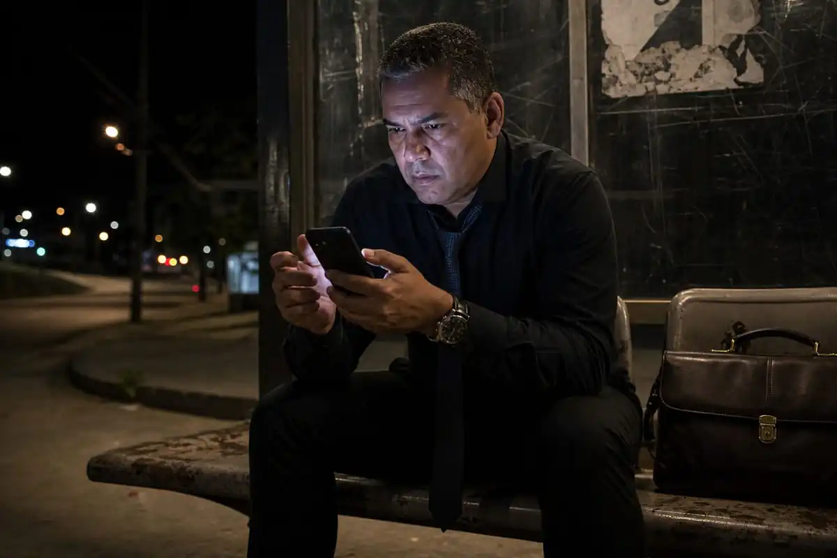 Empresário sentado sozinho em um ponto de ônibus à noite, gravata afrouxada, pasta de documentos ao lado, segurando o celular com as duas mãos e o polegar suspenso sobre a tela, rosto tenso iluminado pela luz do aparelho