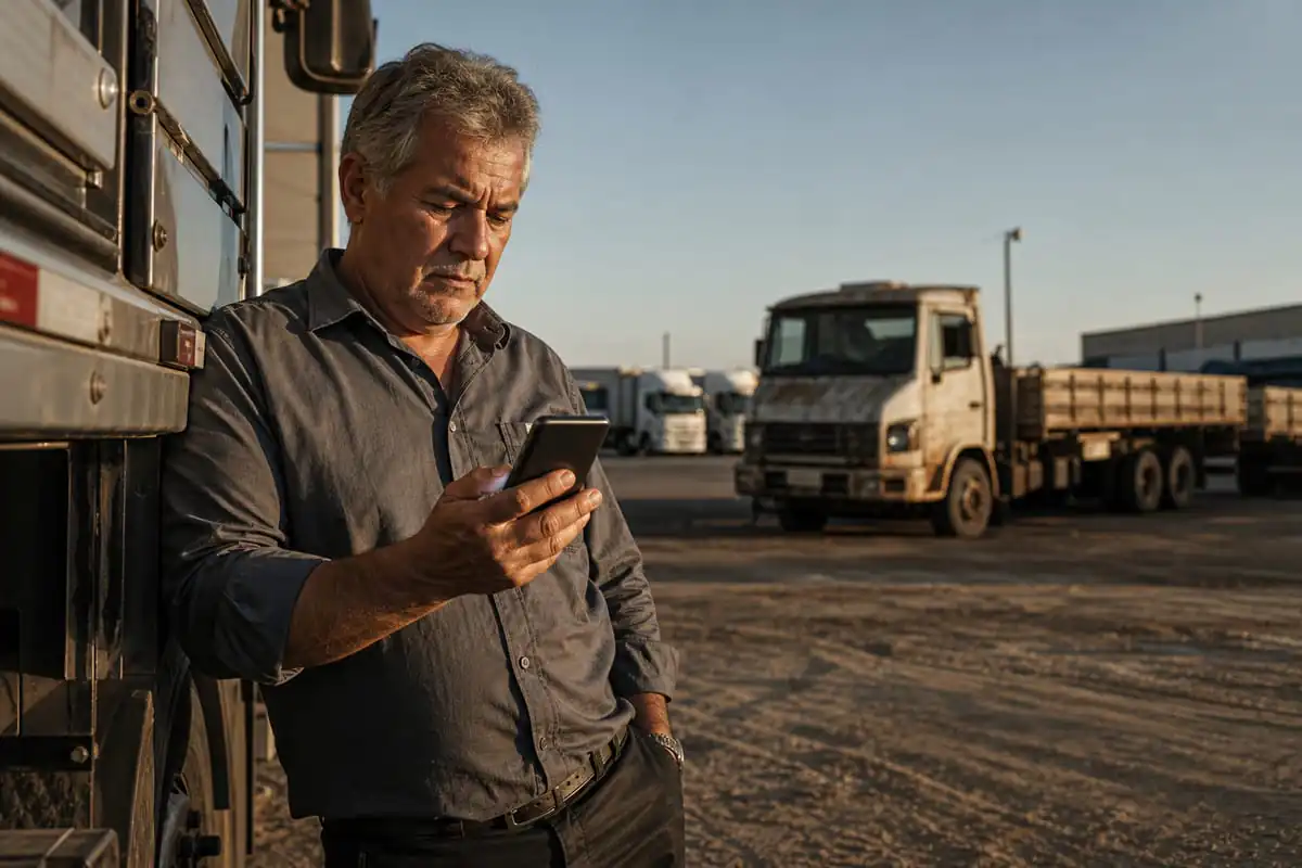 Empresário de transportadora encostado em caminhão no pátio, olhando para o celular com o comprovante de quitação da dívida, no momento em que recebe uma notificação suspeita de WhatsApp, com caminhão antigo parado desfocado ao fundo