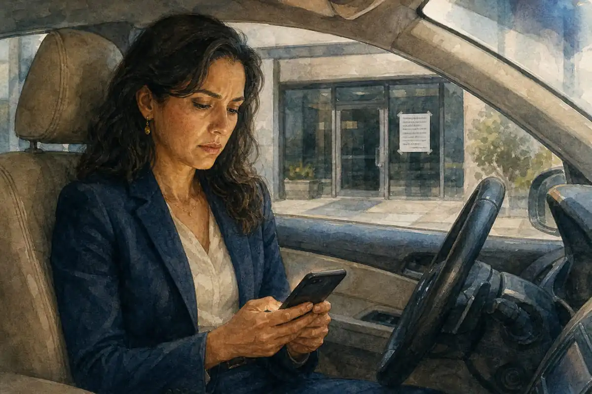 Ilustração em aquarela de mulher elegante dentro do carro, segurando o celular com as duas mãos e hesitando antes de rolar a tela, com um cartaz sobre reputação digital visível na vitrine ao fundo