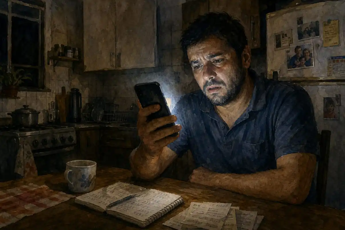 Homem exausto, de madrugada, na cozinha de casa, iluminado pela luz do celular, com expressão de descrença ao olhar a tela, e um bloco de notas rabiscado com contas sobre a mesa ao fundo.