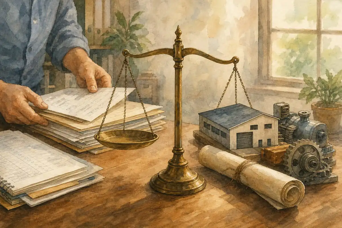 Ilustração em aquarela de uma balança antiga entre uma mesa com documentos de cadastro empresarial organizados e um pequeno ativo simbolizando garantia real, representando a escolha entre atualizar cadastro ou oferecer garantia para melhorar o rating bancário