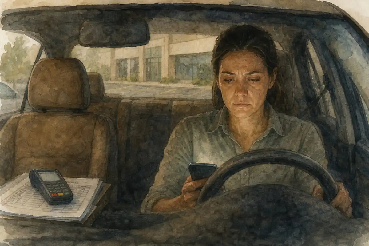 Ilustração em aquarela de uma empresária dentro do carro, parada no estacionamento de uma agência bancária, mãos ainda no volante, olhar fixo e contido, segurando o celular no colo com a tela do documento virada para si mesma, enquanto uma maquininha de cartão de seu próprio negócio repousa sobre uma pasta de documentos no banco do passageiro.