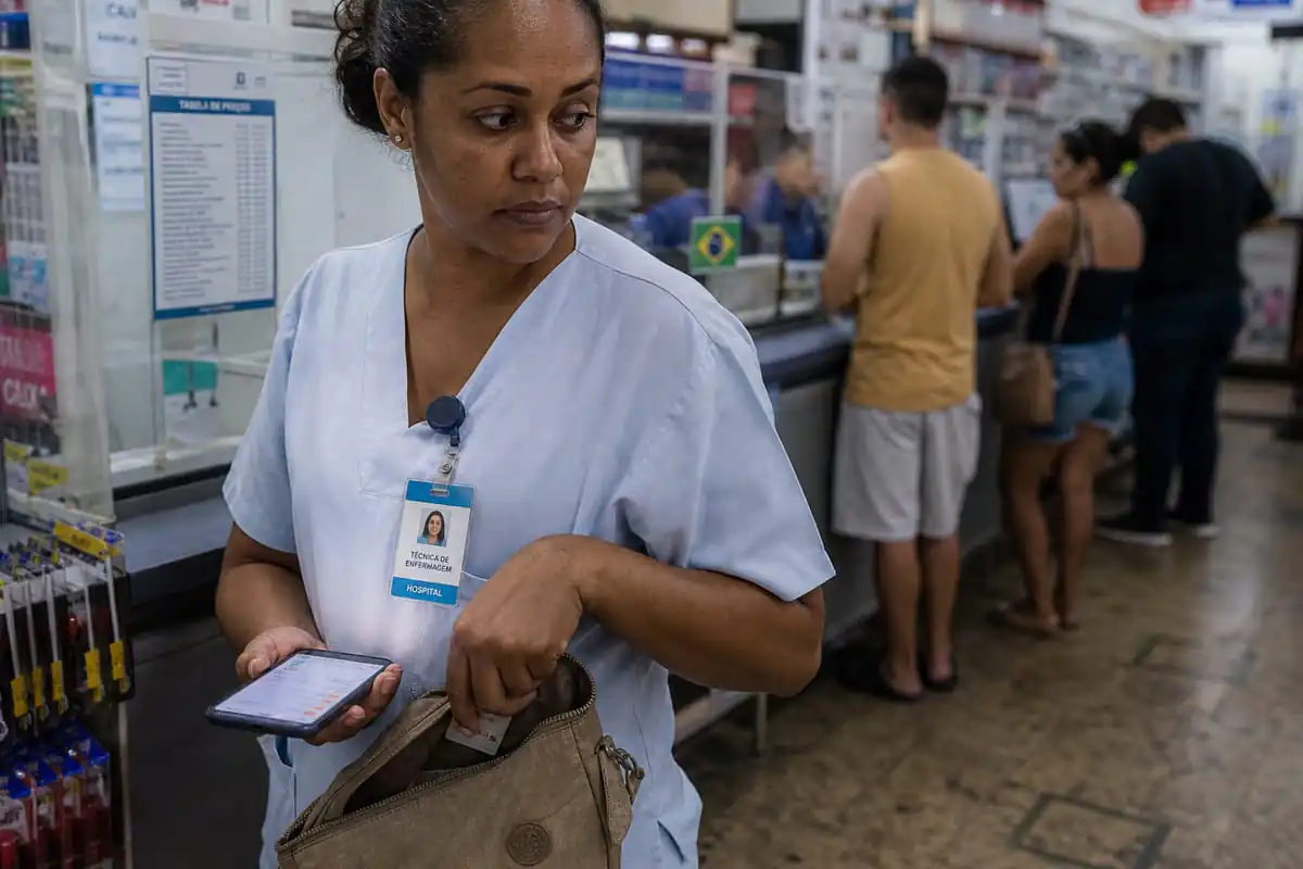 Técnica de enfermagem ainda de uniforme, com crachá do plantão, segura o celular baixo escondendo a tela com pendências negativadas enquanto guarda o cartão da mãe na bolsa, na fila de um correspondente bancário.