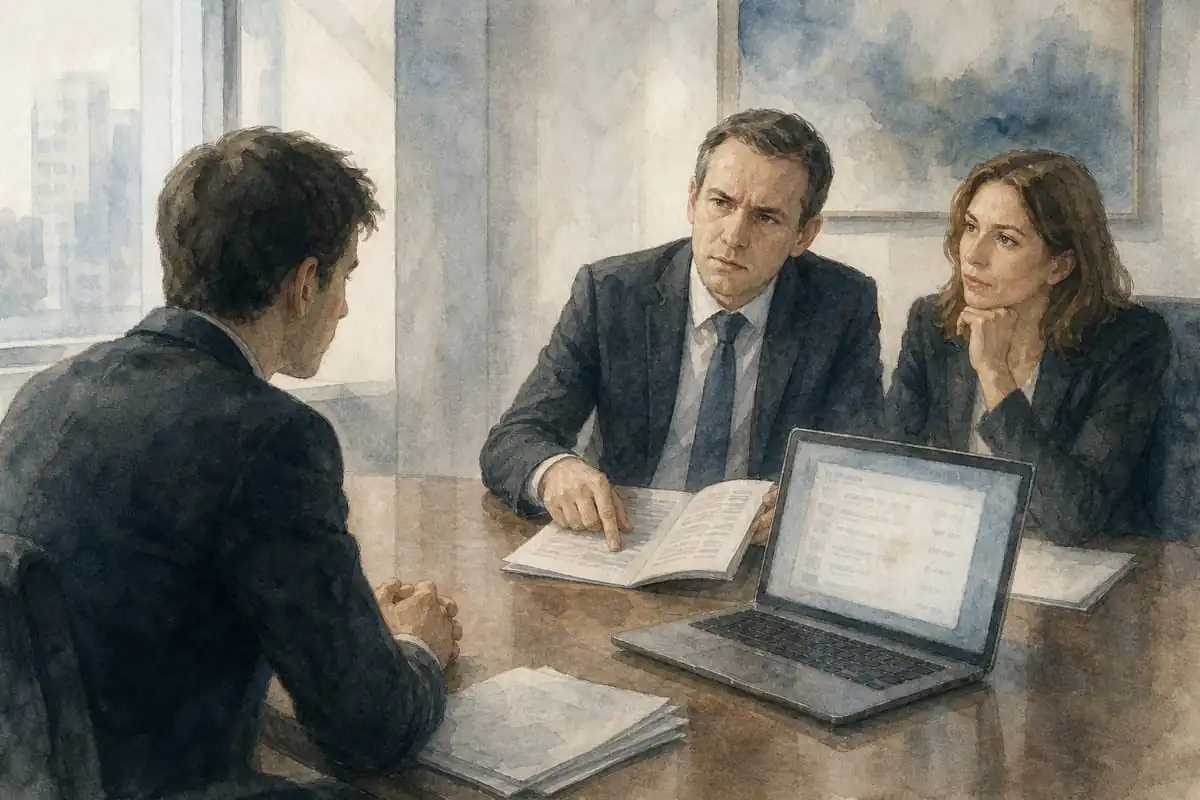 Ilustração em aquarela de uma reunião de negócios tensa, com parceiros comerciais analisando um relatório impresso e um laptop com uma lista de resultados de busca desfocada sobre a mesa, enquanto o empresário observa preocupado