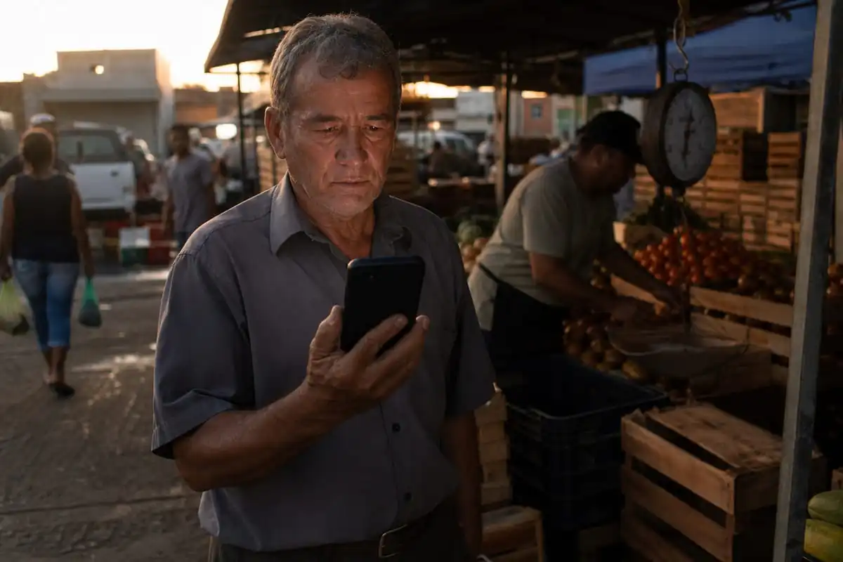 Empresário de 63 anos parado em banca de feira livre ao amanhecer, olhando o celular com expressão de descrença ao checar o painel de pontuação de crédito da empresa