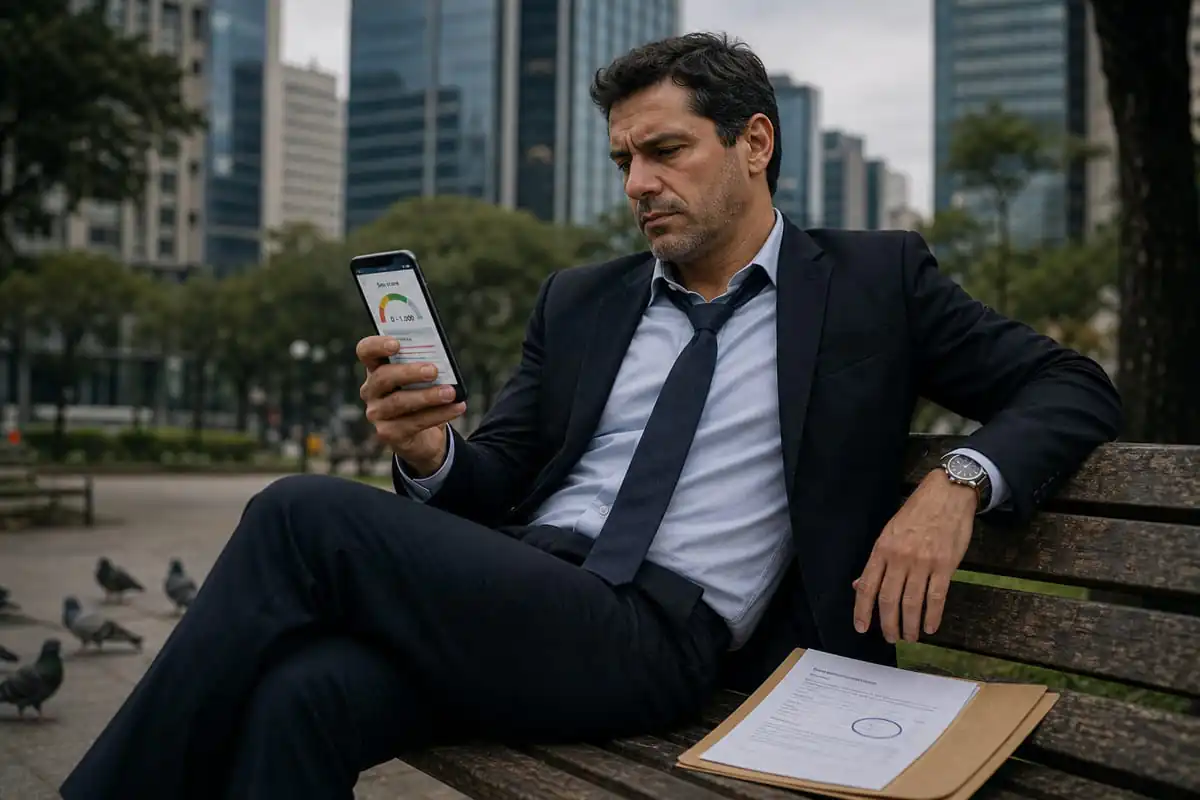 Empresário de terno sentado sozinho em banco de praça em São Paulo durante o almoço, olhando o celular com o score Serasa e uma nota em vermelho, com uma proposta de financiamento com a taxa circulada ao lado