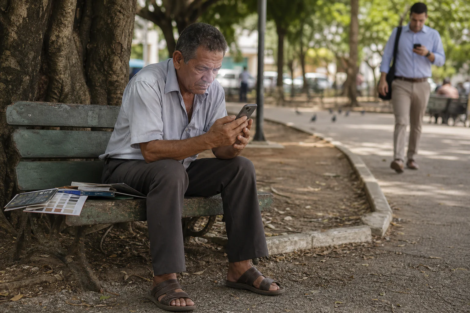 Homem de 58 anos sentado em banco de praça, catálogos comerciais ao lado, segurando celular de tela rachada com expressão tensa ao ver resultado de busca com seu nome, enquanto ao fundo um possível parceiro de negócios se aproxima olhando o próprio celular