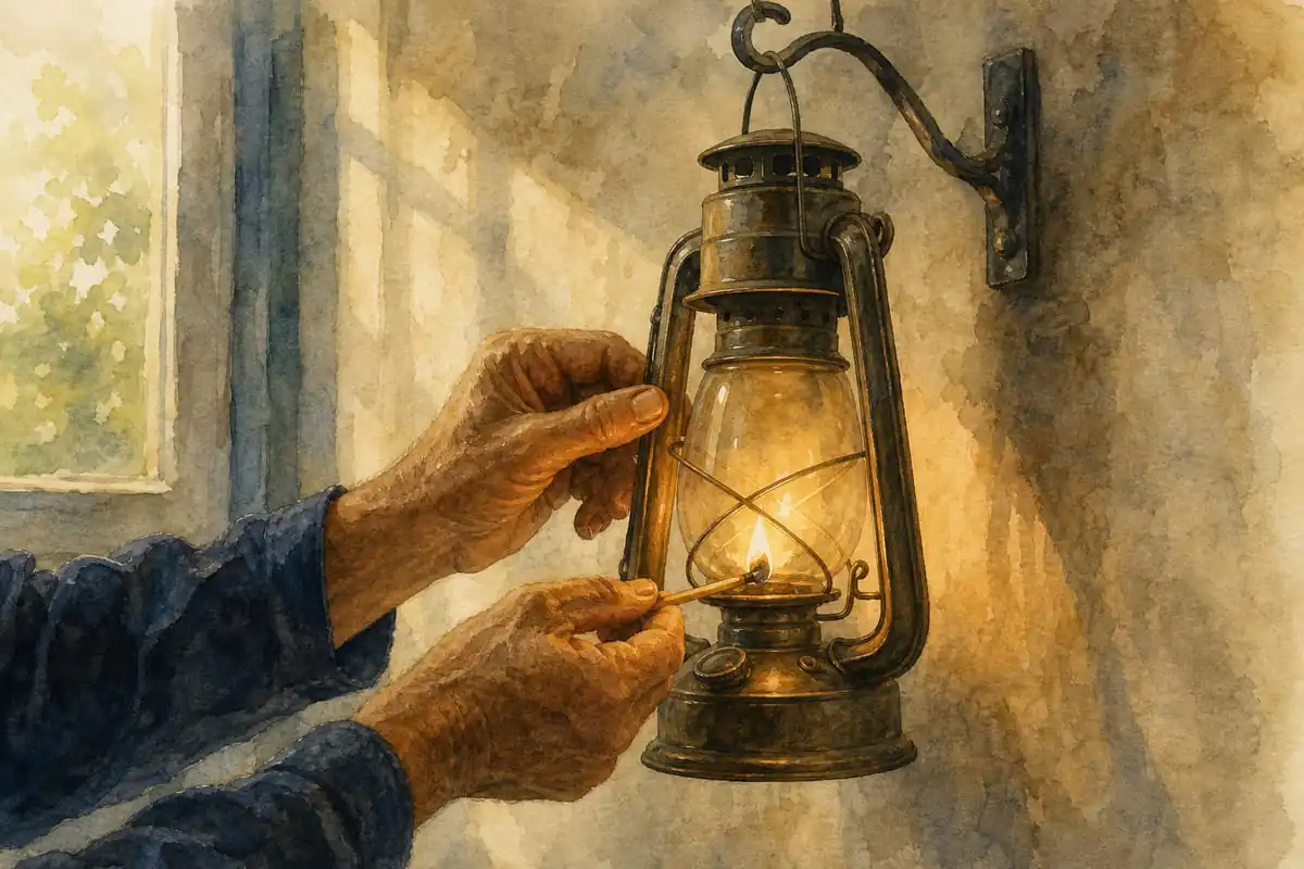 Aquarela de mãos acendendo um lampião antigo de latão pendurado na parede, sob luz lateral de janela