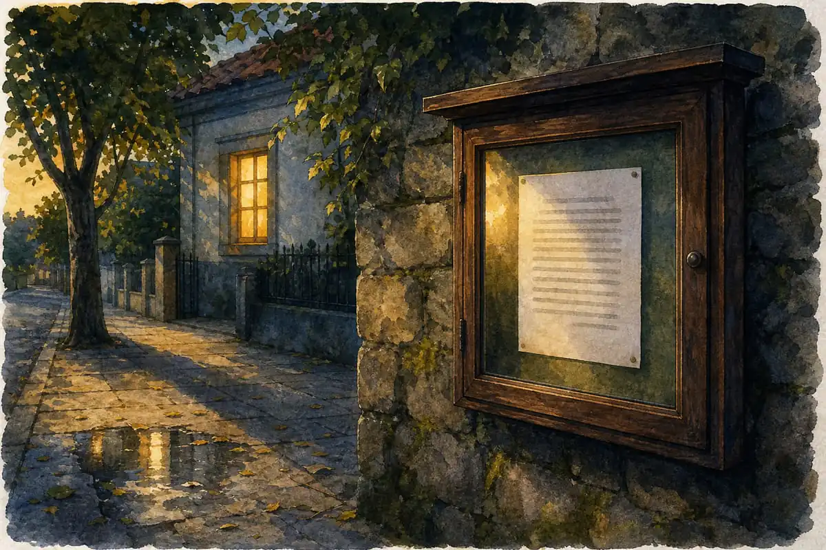 Quadro de avisos de madeira com tampa de vidro num muro de pedra, com uma folha de papel à vista, numa calçada ao entardecer