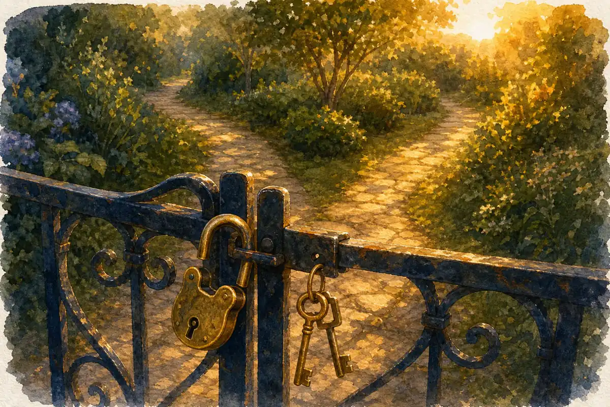 Portão de ferro de jardim com cadeado de latão aberto e duas chaves diferentes, diante de um caminho de pedras que se divide em duas trilhas ao entardecer
