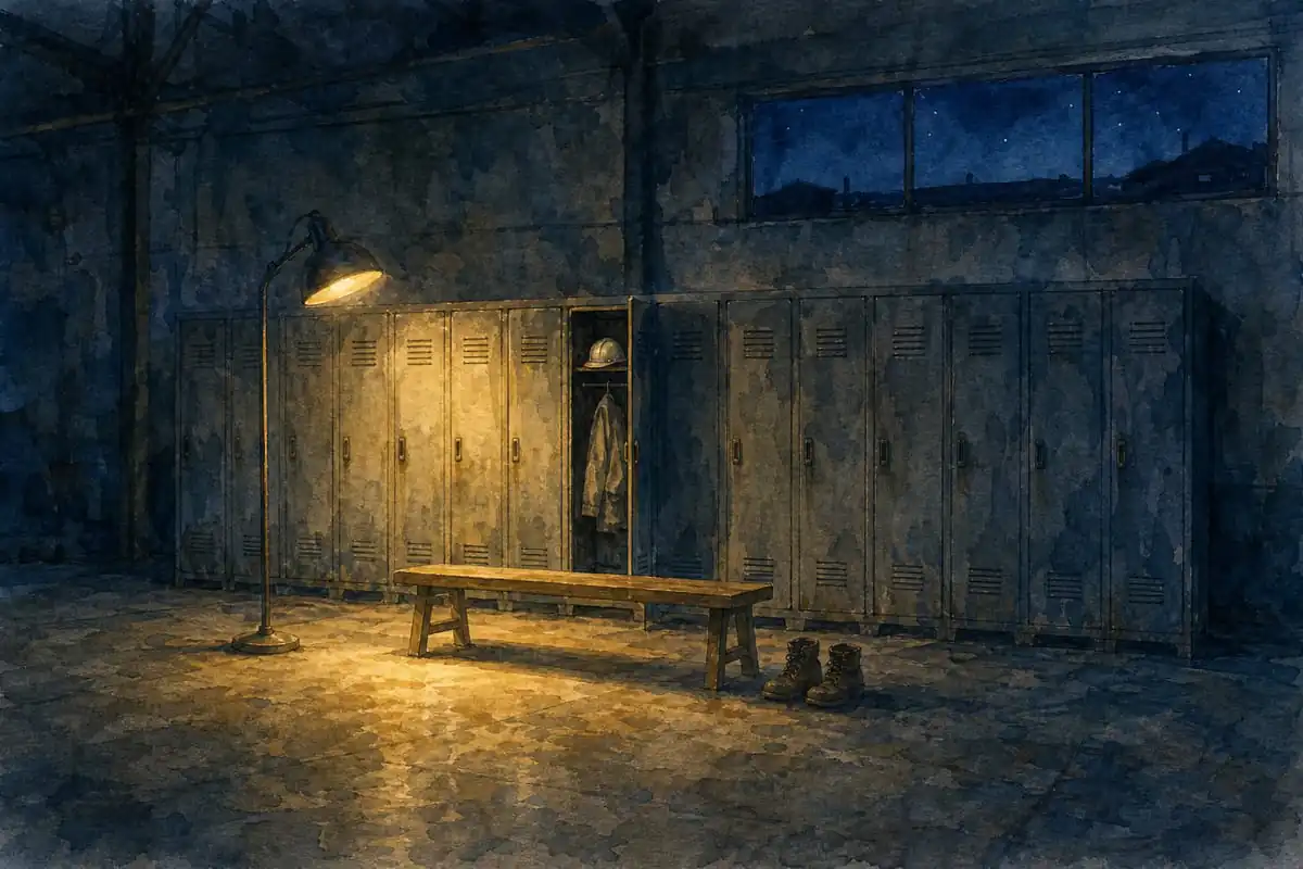Aquarela de um vestiário de fábrica vazio à noite, com um armário de aço entreaberto mostrando capacete e jaqueta, um banco de madeira e uma luminária de pé acesa