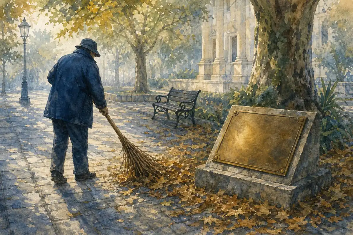 Pessoa de costas varre folhas secas de um caminho de pedras numa praça pela manhã, ao lado de uma placa de bronze lisa e intacta sobre um pedestal