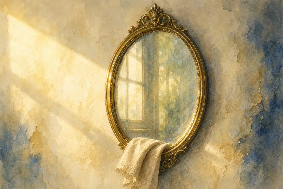 Espelho antigo oval com moldura de latão na parede, refletindo uma janela, com um pano de linho na borda, sob luz suave da manhã