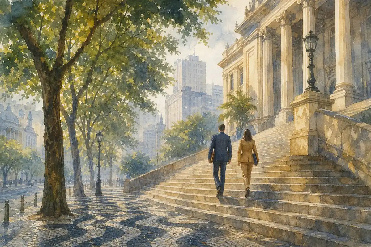 Aquarela de duas pessoas de costas subindo a escadaria de pedra de um prédio público com colunas, numa rua arborizada de centro antigo sob luz da manhã