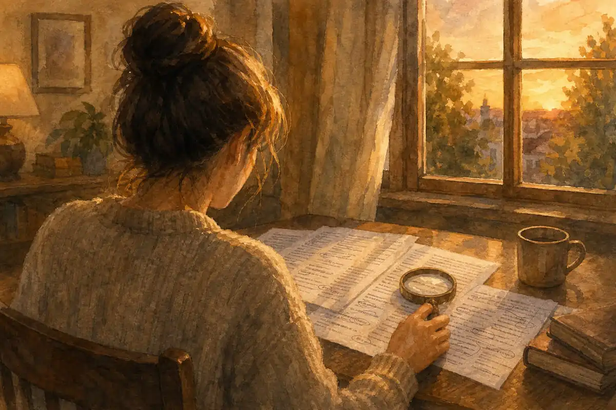 Ilustração em aquarela de uma pessoa de costas, à mesa, sob luz quente de fim de tarde, conferindo manualmente páginas impressas com anotações ao lado de uma lupa, representando a tentativa de entender sozinha como limpar o nome no Serasa