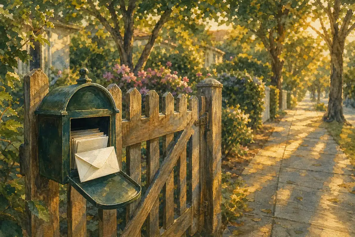 Caixa de correio verde aberta num portão de jardim, com envelopes em branco, numa rua arborizada sob luz quente de fim de tarde
