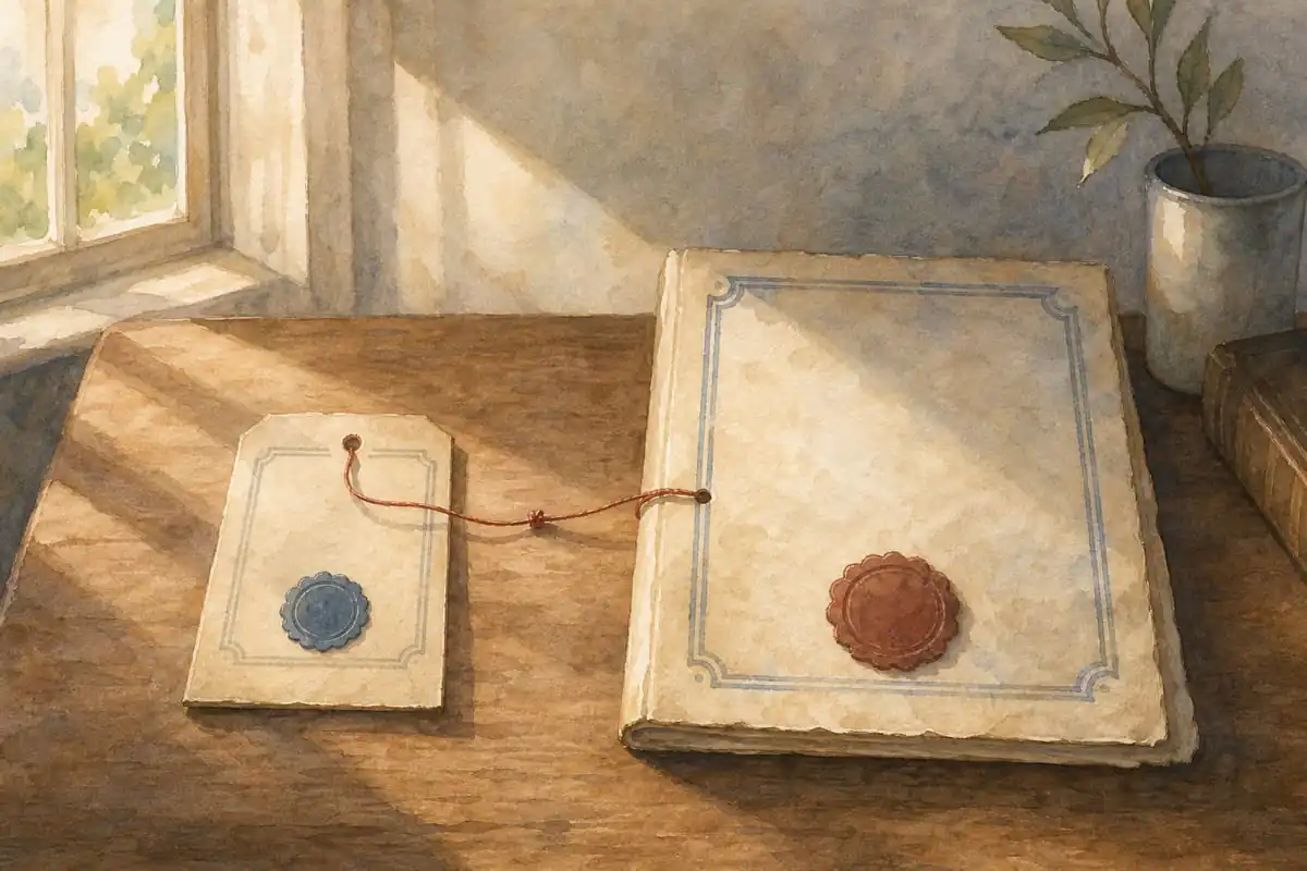 Ilustração em aquarela de dois documentos semelhantes, mas diferentes, lado a lado sobre uma mesa de madeira, ligados por um fio que não se alinha entre eles, sob luz suave da manhã, representando a confusão entre birô de consumo e SCR
