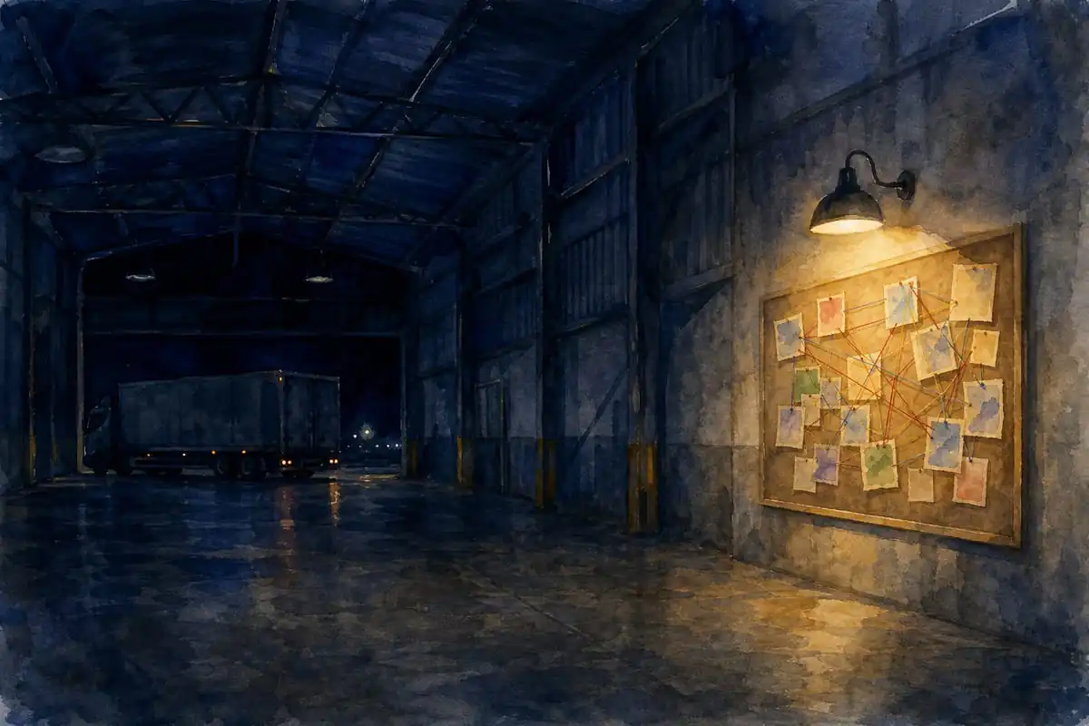 Aquarela de um galpão de transportadora à noite, com uma luminária iluminando um quadro de cortiça com papéis ligados por fios
