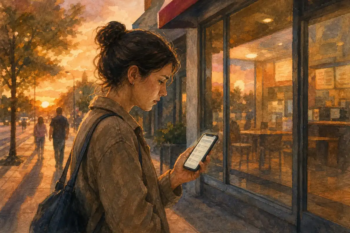 Ilustração em aquarela de uma pessoa parada em frente a uma loja de franquia ao entardecer, olhando preocupada para o celular antes de decidir entrar
