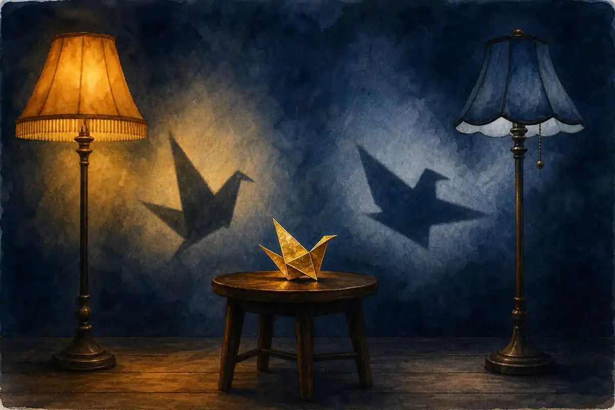 Pássaro de origami dourado num banquinho de madeira, iluminado por duas luminárias de luz diferente que projetam duas sombras distintas na parede azul