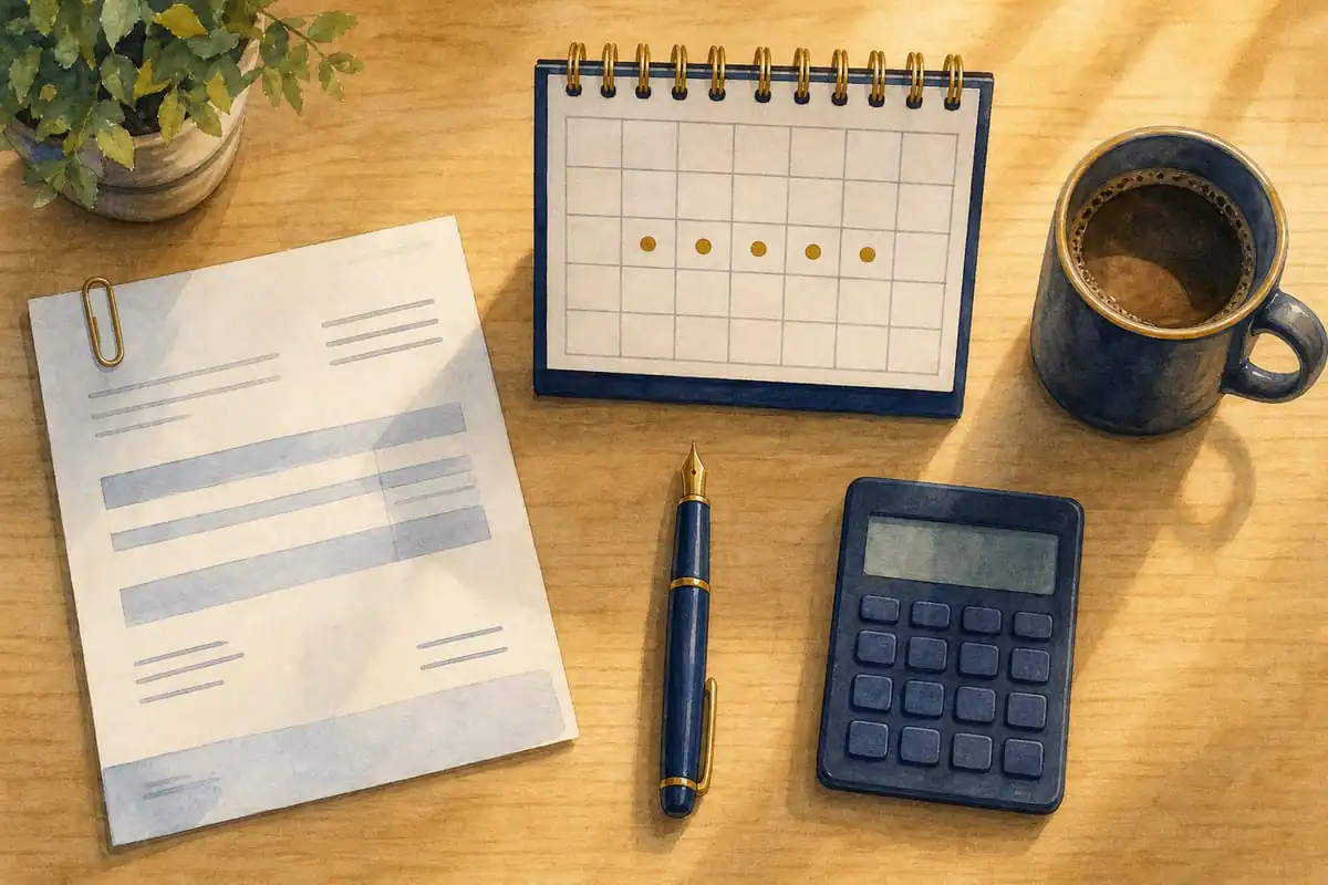 Mesa de trabalho vista de cima com comprovante de pagamento, calendário com cinco dias marcados, caneta-tinteiro, café e calculadora
