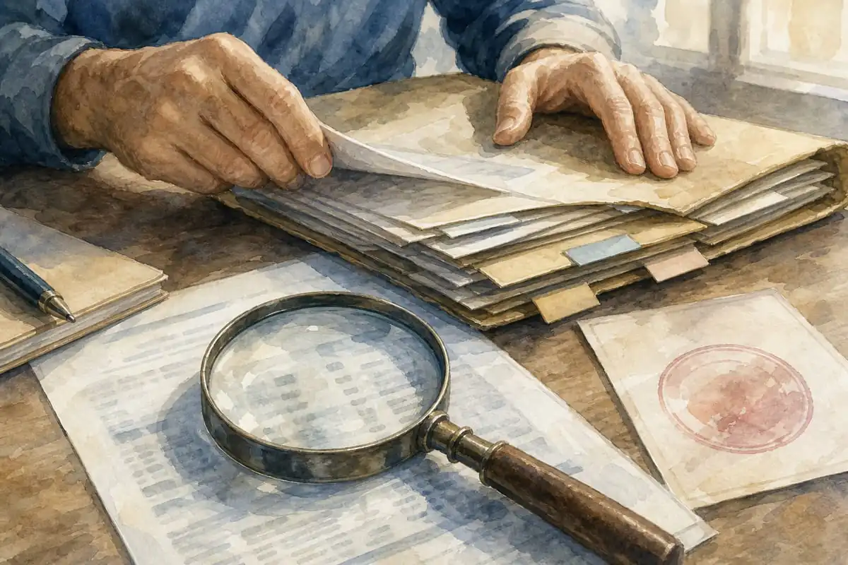 Ilustração em aquarela de mãos examinando uma pasta de documentos com uma lupa sobre um relatório desfocado, representando a análise de uma negativação para tirar o nome do SPC